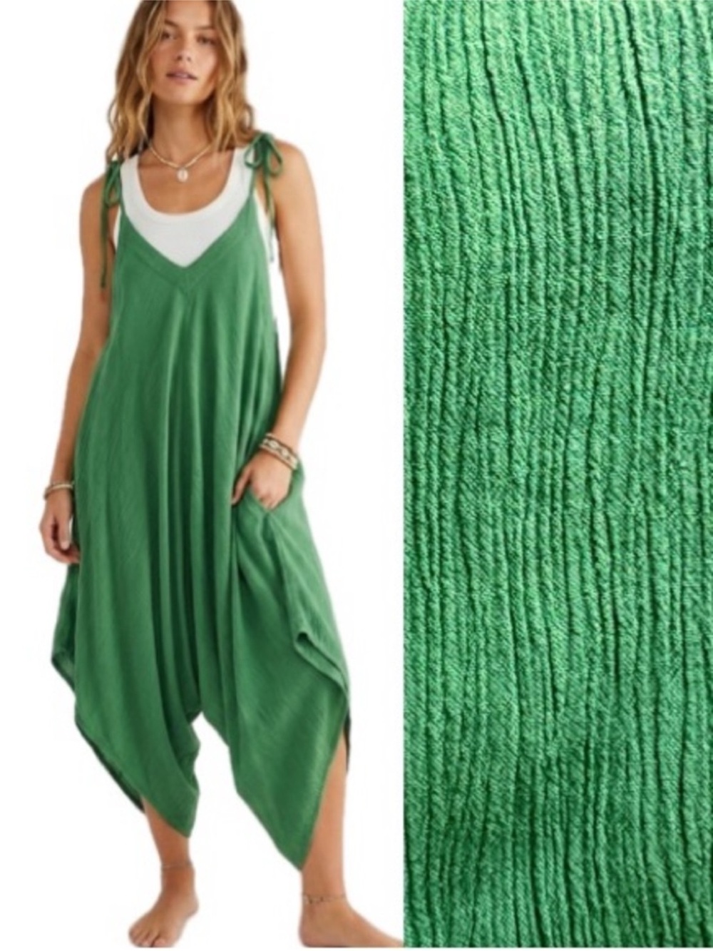 Free People Crinkled Rayon Harem Jumpsuit Oversized Tie Strap